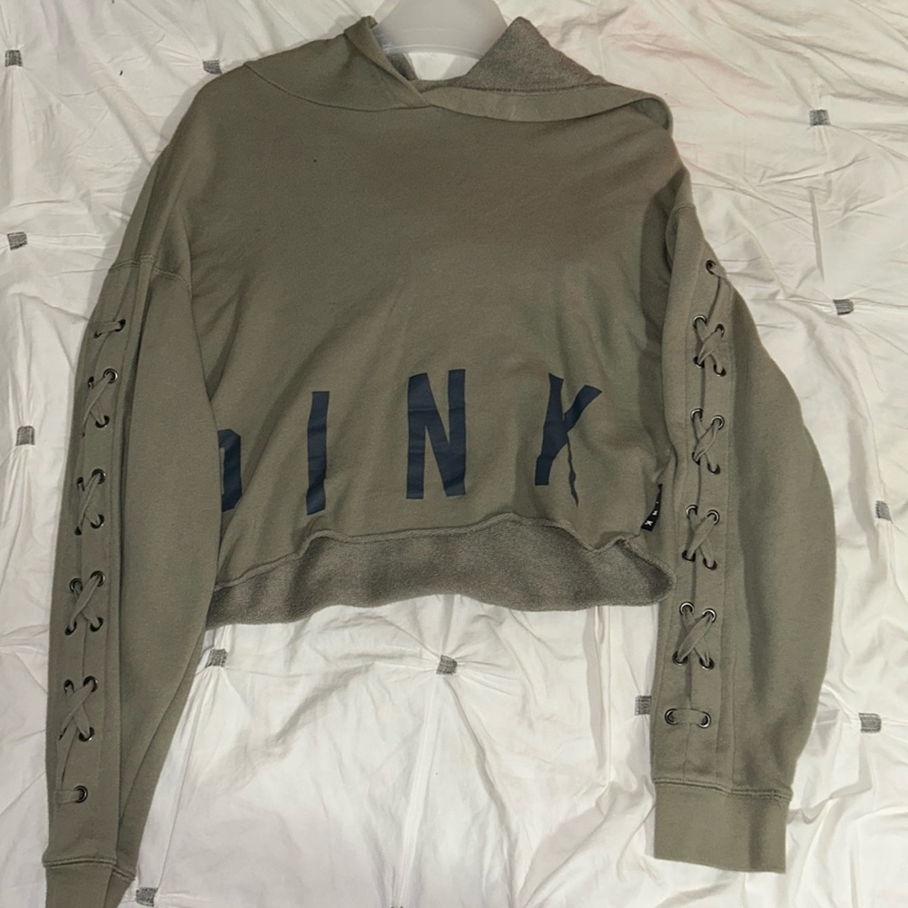 Victoria's Secret Pink Olive Green Cropped Hoodie - Size Small